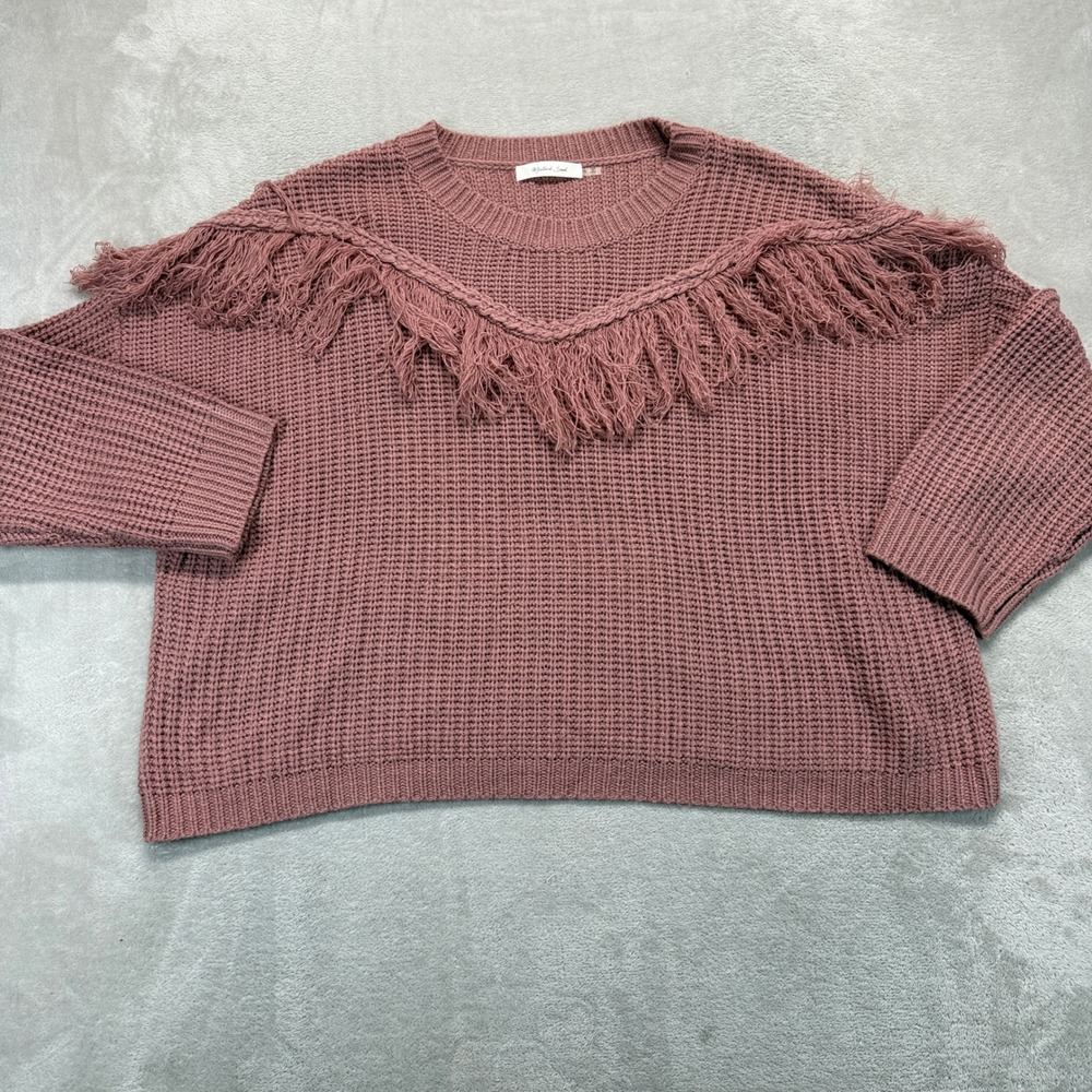 Mustard Seed Women Sweater L Mauve Pink Fringe V-Neck Waffle Knit S15714‎